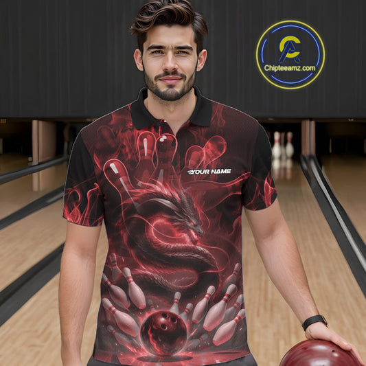Custom Red Flame Dragon Bowling Men Polo Shirts, Dragon Bowling League Shirt IPHW10226