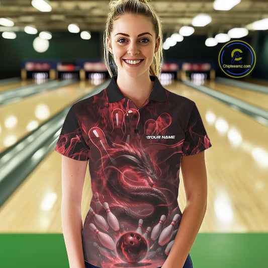 Custom Red Flame Dragon Bowling Women Polo Shirts, Dragon Bowling League Shirt IPHW10226