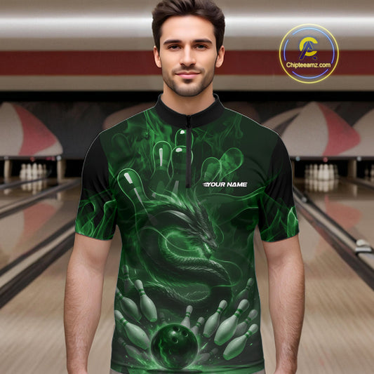 Custom Green Flame Dragon Bowling Men Quarter-Zip Shirts, Dragon Bowling League Shirt IPHW10228