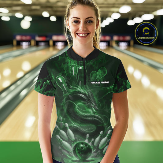 Custom Green Flame Dragon Bowling Women Quarter-Zip Shirts, Dragon Bowling League Shirt IPHW10228