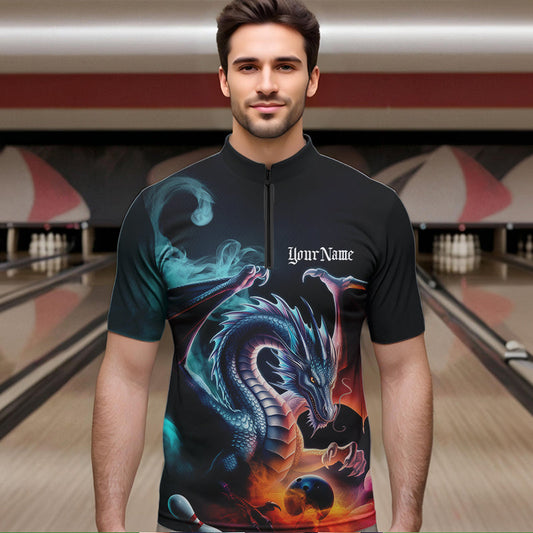 Blue Smoke Custom Dragon Bowling Team Quarter-Zip Shirts For Men, Dragon Bowling Tournament Shirt IPHW8322
