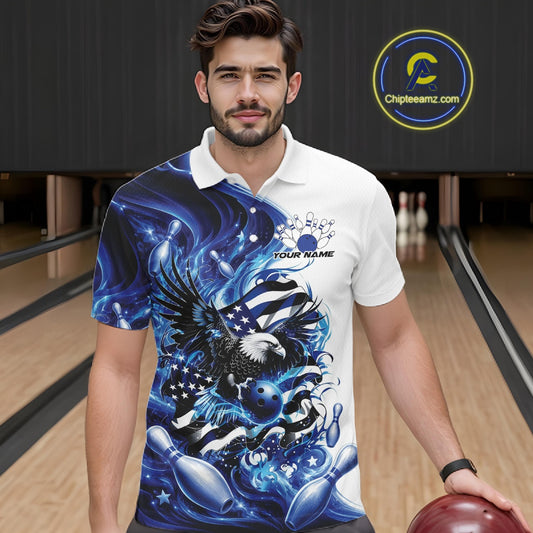 Front view male model at the bowling lane wearing a white and blue bowling polo shirt with eagle artwork and flowing flag inspired graphics.