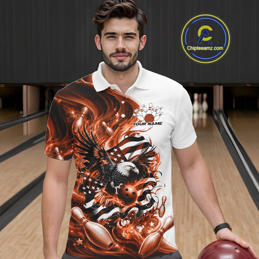 Male model front view at a bowling lane wearing a white and orange bowling polo shirt with eagle graphics and flowing flag inspired accents.