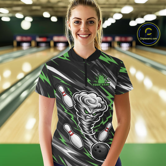 Custom Black And Green Storm Thunnder Lightning Bolts Bowling Women Quarter-Zip Shirt IPHW11809