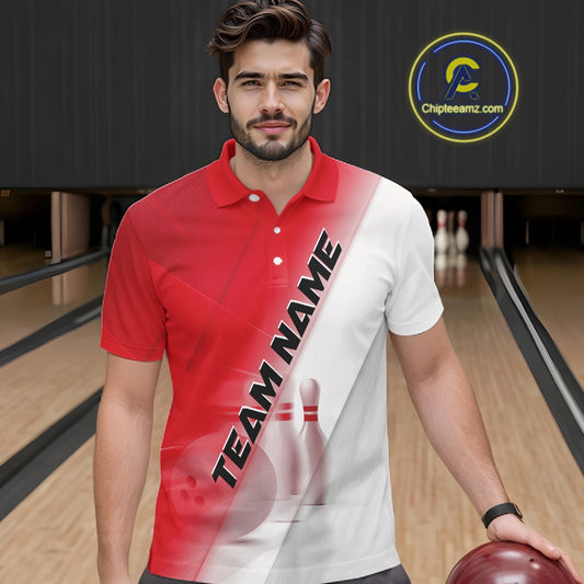 Front view of a male model at a bowling lane wearing a polo shirt with bowling ball and pins in a red and white diagonal layout.