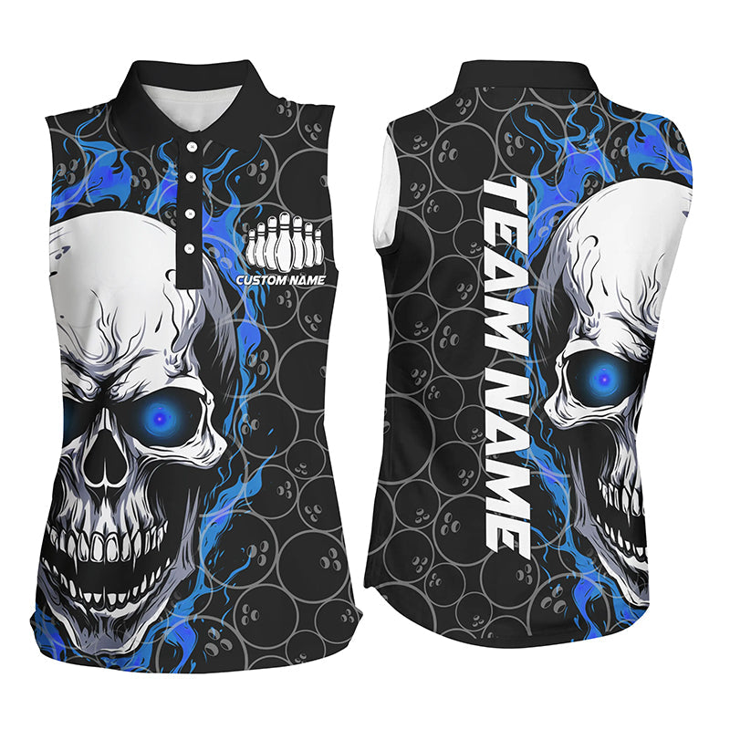 Custom Blue Flame Skull Bowling Shirts For Women, Bowling Team Sleeveless Bowling Shirts IPHW5103