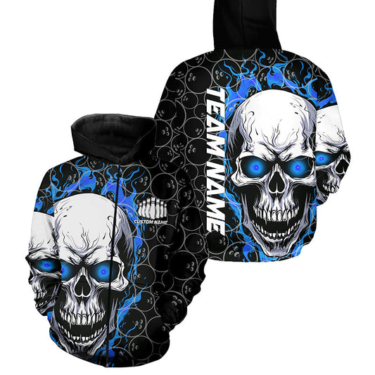 Custom Blue Flame Skull Bowling Shirts For Men And Women, Bowling Team Hoodie Bowling Shirts IPHW5103