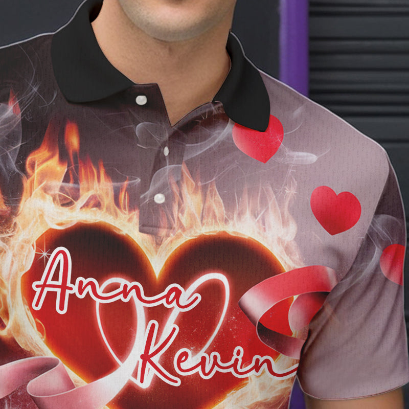Custom Valentines Day Couple Bowling Polo Shirts For Men, Roses And Flame Bowling For Lovers IPHW8340