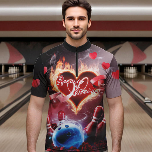Custom Valentines Day Couple Bowling Quarter-Zip Shirts For Men, Roses And Flame Bowling For Lovers IPHW8340
