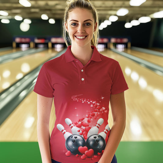 Custom Red Valentine Bowling Polo Shirts For Women, Valentines Day Couple Bowling Outfits IPHW8348