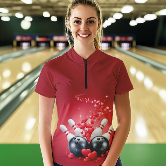 Custom Red Valentine Bowling Quarter-Zip Shirts For Women, Couple Bowling Outfits IPHW8348