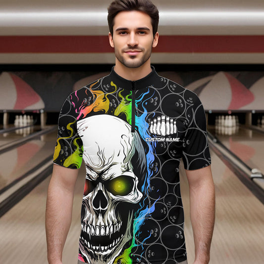 Custom Rainbow Color Flame Skull Bowling Men Quarter-Zip Shirts, Bowling Pattern Team League Shirt IPHW8852