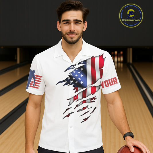 Customizable Patriotic American Flag Bowling Pins Hawaiian Shirts For Men And Women, Bowling Team Shirt IPHW3809