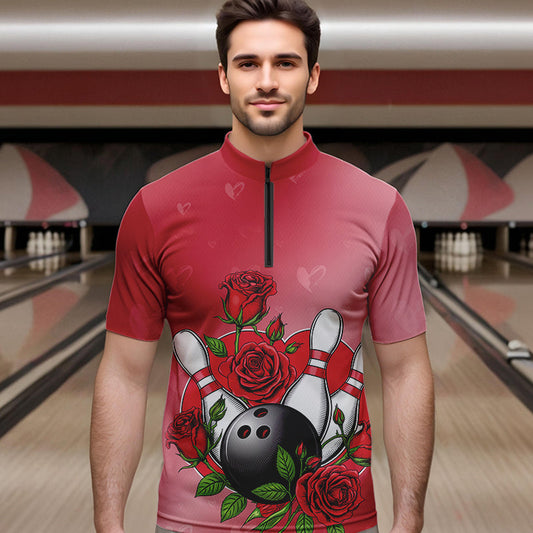 Custom Valentine Bowling Quarter-Zip Shirts For Men, Bowling And Red Roses Couple Bowling Outfits IPHW8350