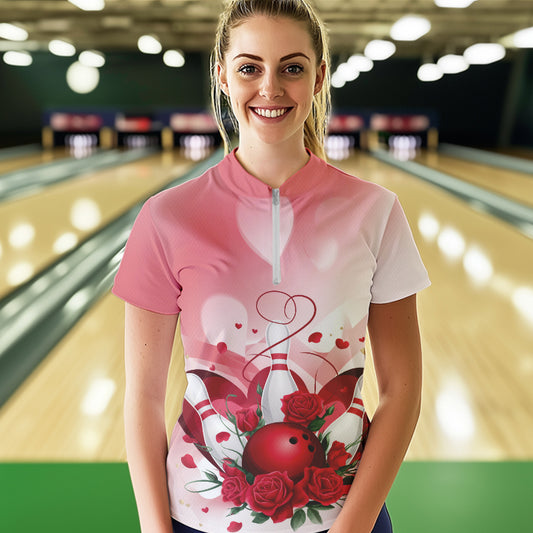 Bowling And Red Roses Custom Valentine Bowling Quarter-Zip Shirts For Women Bowling Couple IPHW8358