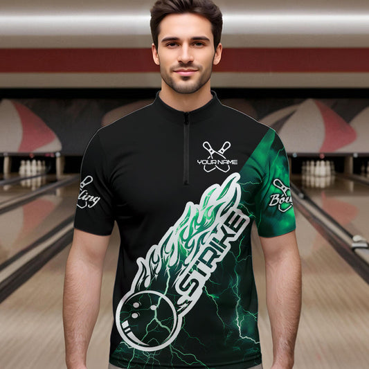 Custom Black And Green Thunder Lightning Strike Bowling Quarter-Zip Shirts For Men Team Shirt IPHW8534