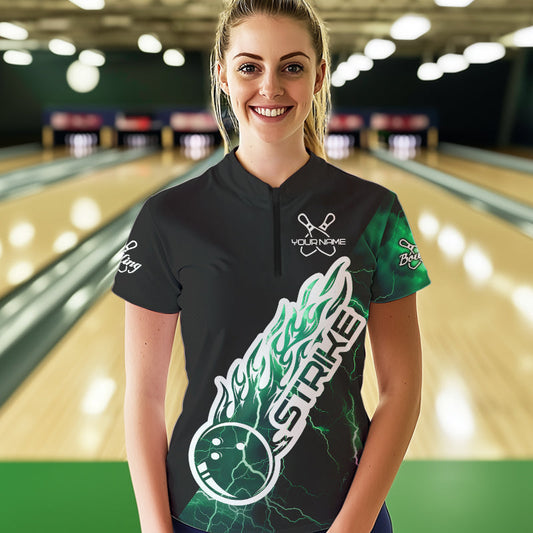 Custom Black And Green Thunder Lightning Strike Bowling Womens Quarter-Zip Team Shirt IPHW8534