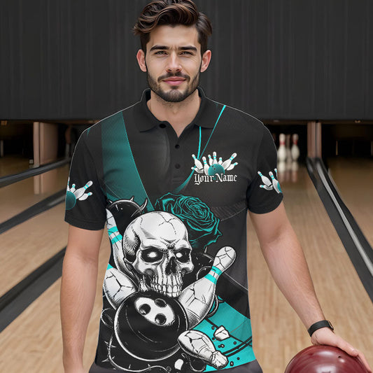 Custom Black And Blue Roses Skull Bowling Team Polo Shirts For Men, Skull Bowling Jerseys IPHW8872