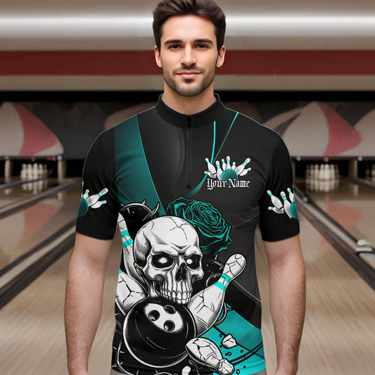 Custom Black And Blue Roses Skull Bowling Team Quarter-Zip Shirts For Men, Skull Bowling Jerseys IPHW8872