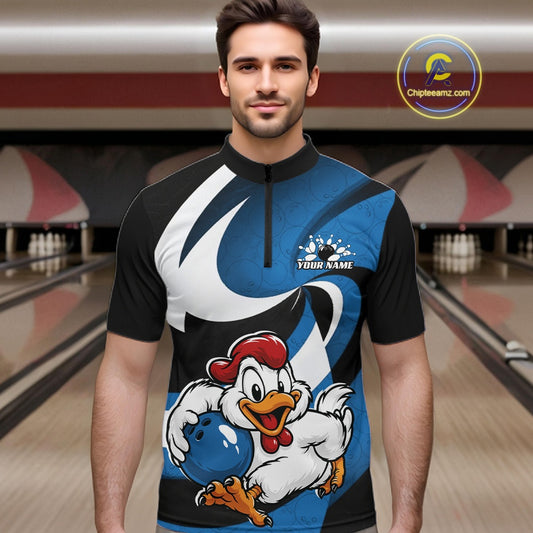 A man wearing a custom short-sleeve bowling jersey with a black, blue, and white swoosh design and a cartoon chicken mascot holding a bowling ball. The jersey has a mock neck and a quarter-zip collar.
