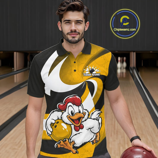 A man wearing a custom bowling-themed polo shirt with a cartoon chicken graphic and 'YOUR NAME' text, standing in a bowling alley holding a bowling ball