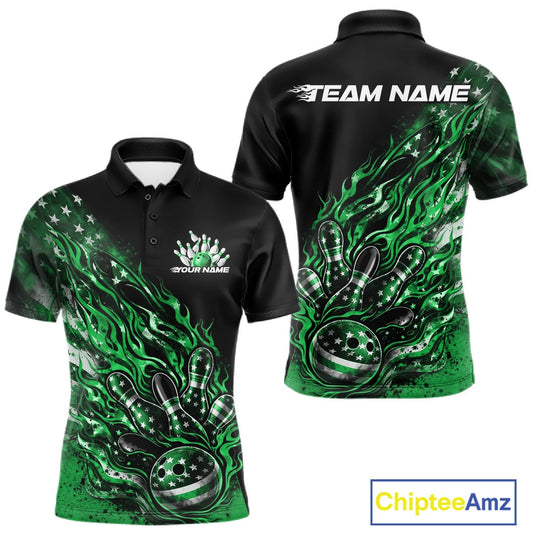 Custom Patriotic Green Flame Bowling Shirts, US Flag Bowling Team Jerseys Freedom 4Th Of July Bowling Shirt IPHW10435
