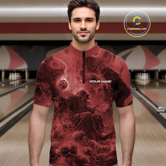 Custom Red Flame Skull Bowling Quarter-Zip Shirts, Red Smoke Bowling Hallween Outfit IPHW9472