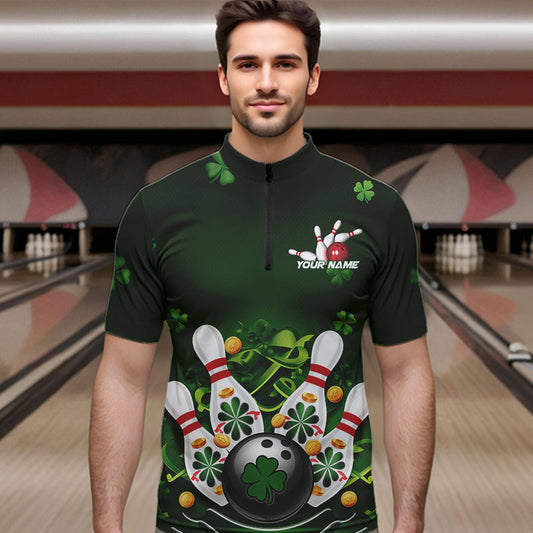 Custom Green St Patrick'S Day Bowling Quarter-Zip Shirts For Men, Saint Patrick Team Bowling Outfits IPHW8374