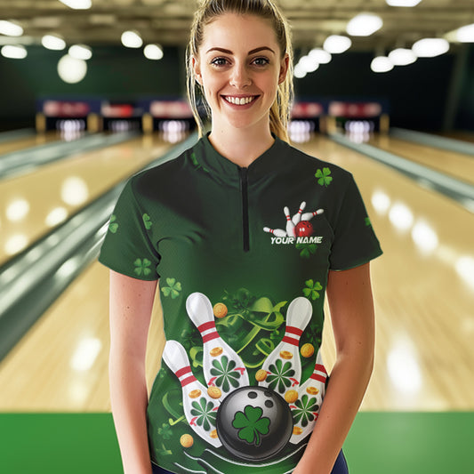 Custom Green St Patrick'S Day Bowling Team Quarter-Zip Shirts For Women IPHW8374