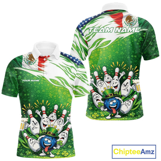 Custom Funny St Patricks Day Bowling Team Shirt, Mexican American Flag Shamrock Theme Bowling Jerseys IPHW10447