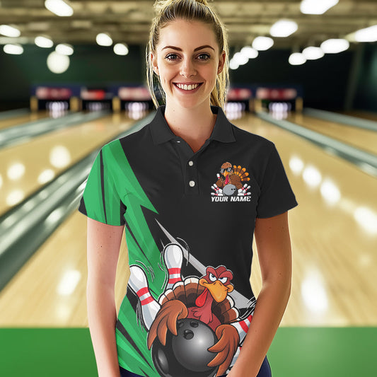 Black And Green Custom Funny Turkey Thanksgiving Bowling Team Polo Shirts For Women IPHW8876