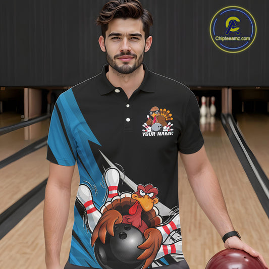 Black And Blue Custom Funny Turkey Thanksgiving Bowling Team Polo Shirts For Men IPHW8878
