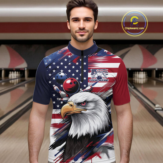 Custom Patriotic Eagle Bowling Shirts For Men, US Flag Bowling League Team Shirt IPHW9476