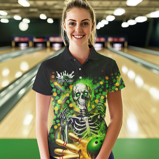 Custom Green Flame Skull Saint Patrick Day Bowling Polo Shirts For Women, Shamrock Bowling IPHW8378