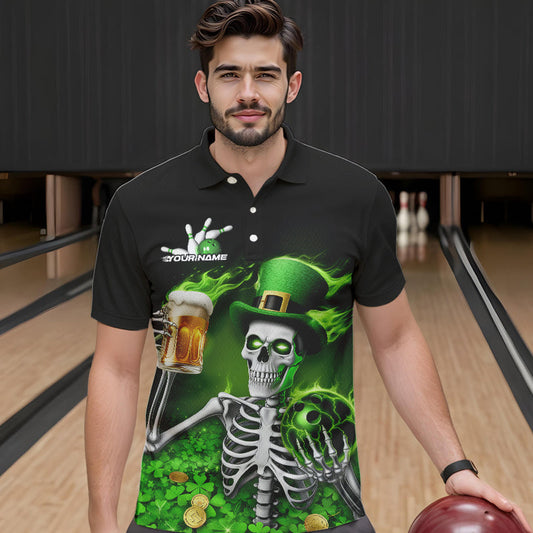 Custom Green St Patricks Day Funny Skull Drink Beer Bowling Polo Shirts For Men IPHW8380
