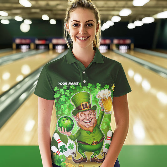 Funny Leprechaun And Beer Custom St Patricks Day Womens Bowling Polo Shirt, Irish Bowling IPHW8382