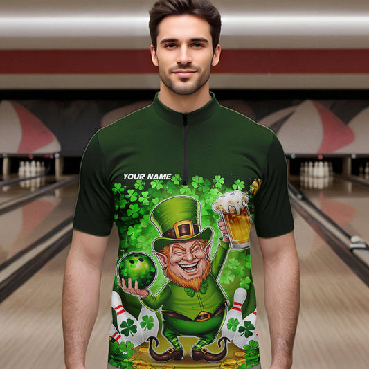 Funny Leprechaun And Beer Custom St Patricks Day Bowling Quarter-Zip Shirts For Men, Irish Bowling IPHW8382