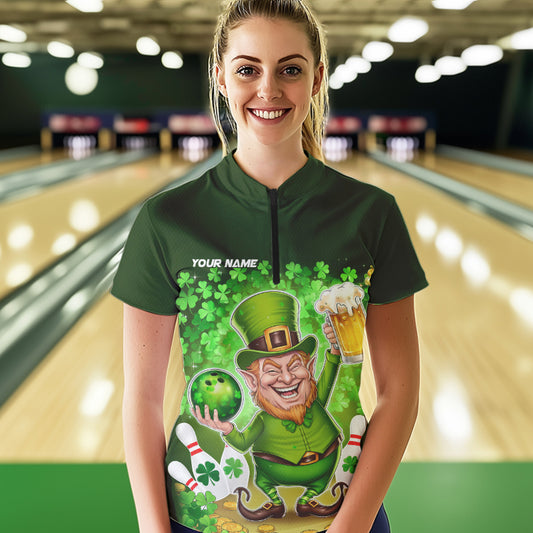 Funny Leprechaun And Beer Custom St Patricks Day Bowling Womens Quarter-Zip Shirts IPHW8382