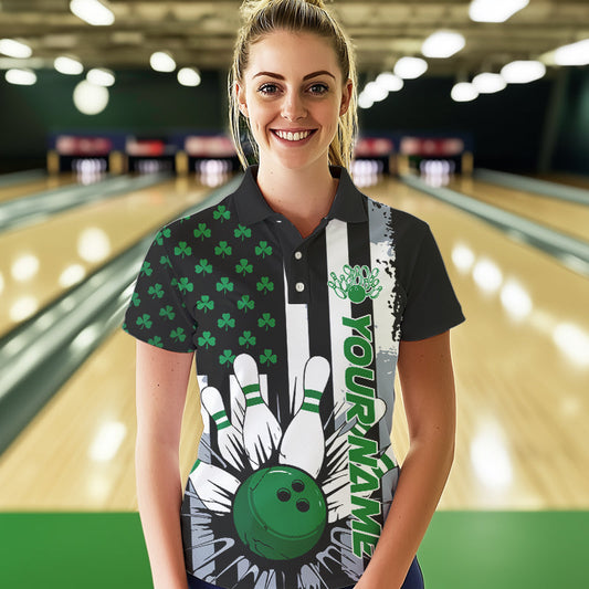 Custom Saint Patricks Bowling Polo Shirts For Women, Shamrock Flag US Bowling Team Shirt IPHW8575