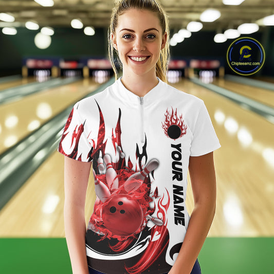 Custom Red Flame Bowling Team Jerseys, Bowling League Quarter-Zip Shirt For Women IPHW10727