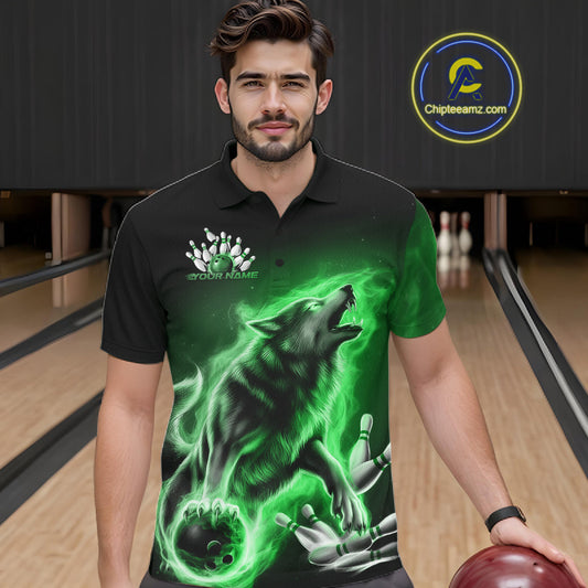 Green Flame Wolf Custom Bowling Team Shirt For Men, Fire Wolf Bowling Jerseys IPHW10736