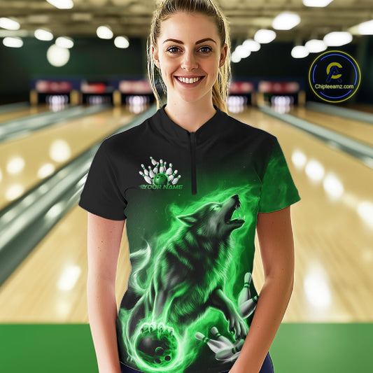 Green Flame Wolf Custom Bowling Team Shirt For Women, Fire Wolf Bowling Jerseys IPHW10736