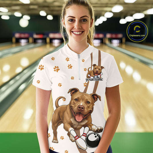 Custom Funny Brown Pitbull Dog Bowling Women Shirts, Dog Paw Print Bowler Outfit IPHW10248