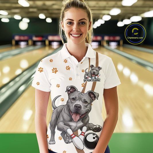 Custom Funny Pitbull Dog Bowling Women Polo Shirts, Dog Paw Print Bowler Outfit IPHW10249