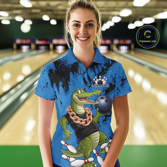 Blue Custom Funny Alligator Bowling Women Polo Shirt, Bowling Team Jerseys Bowler Outfit IPHW10773