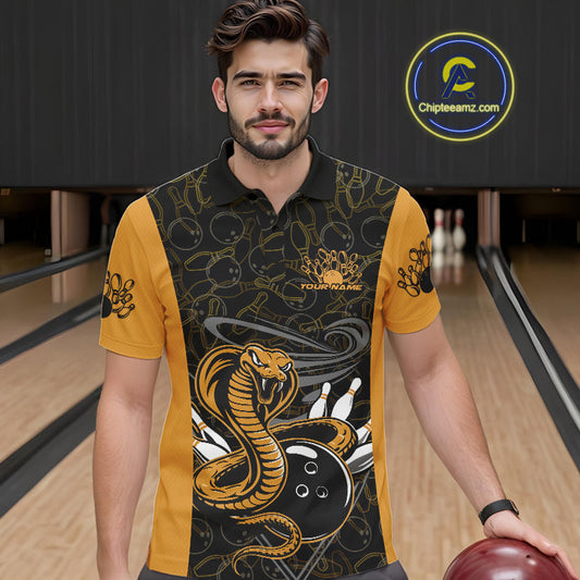 Custom Yellow Cobra Snake Bowling Team Men Polo Shirts, Bowling Pattern Shirt IPHW9703