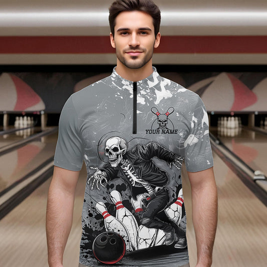 Custom Rock Style Skull Bowling Quarter-Zip Shirts For Men, Funny Skeleton Bowlers Outfit IPHW8906
