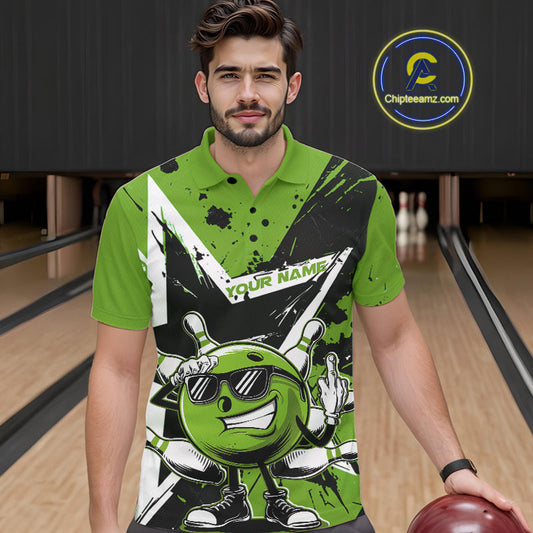 Custom Black And Green Star Funny Bowling Polo Shirts For Men, Bowling Tournament Shirt IPHW9360