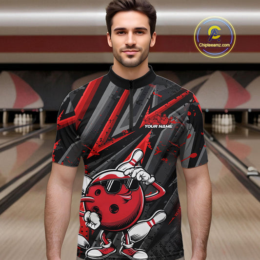 Black And Red Funny Custom Bowling Jerseys, Cool Bowling Quarter-Zip Shirts For Men IPHW9361
