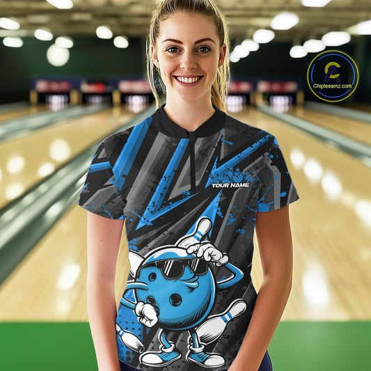 Black And Blue Funny Custom Bowling Jerseys, Cool Bowling Quarter-Zip Shirts For Women IPHW9362